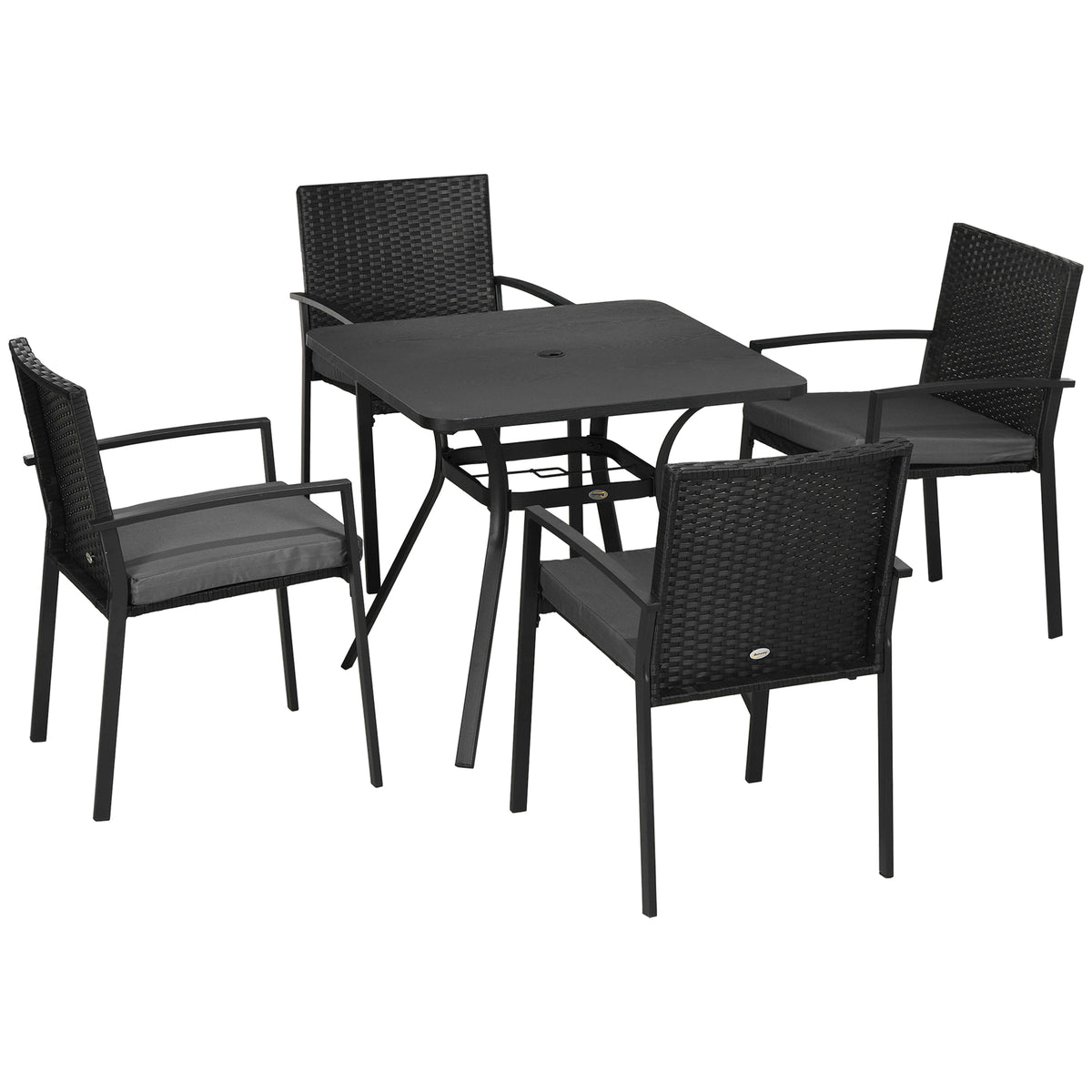 Outsunny Five-Piece Garden Dining Set, with Rattan Seat Chairs and Cushions - Black