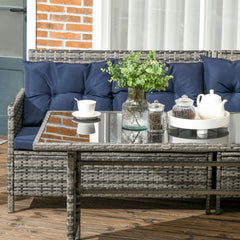 Outsunny 7-Seater Patio wicker Sofa Set Rattan Chair Furniture w/ Glass & Cushioned, Dark Blue