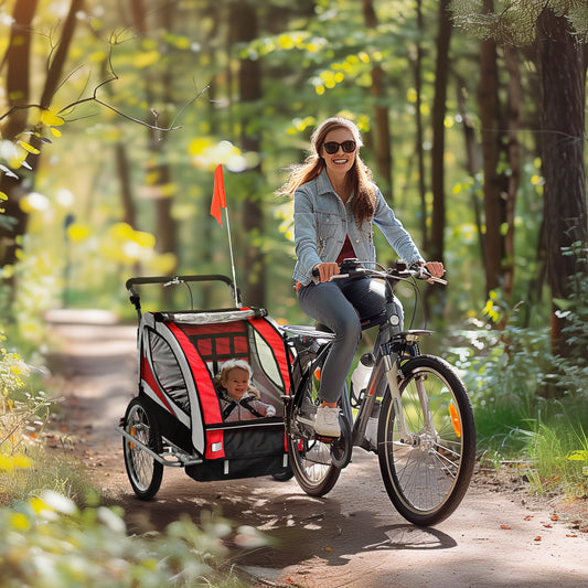 HOMCOM Baby Bike Trailer, Child Bicycle Trailer with 5 Point Harness, Steel Frame, Reflectors, Safety Flag, Hitch Coupler, Red