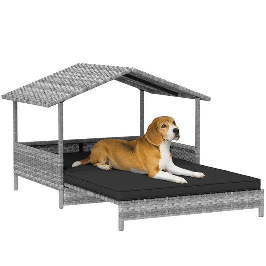 PawHut Extendable Elevated Dog Bed, Rattan Dog House, with Water-Resistant Roof, Removable Cushion, Charcoal Grey