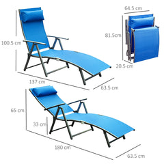 Outsunny Sun Lounger Steel Frame Outdoor Folding Chaise Texteline Lounge Chair Recliner with Headrest & 7 Levels Adjustable Backrest, Blue