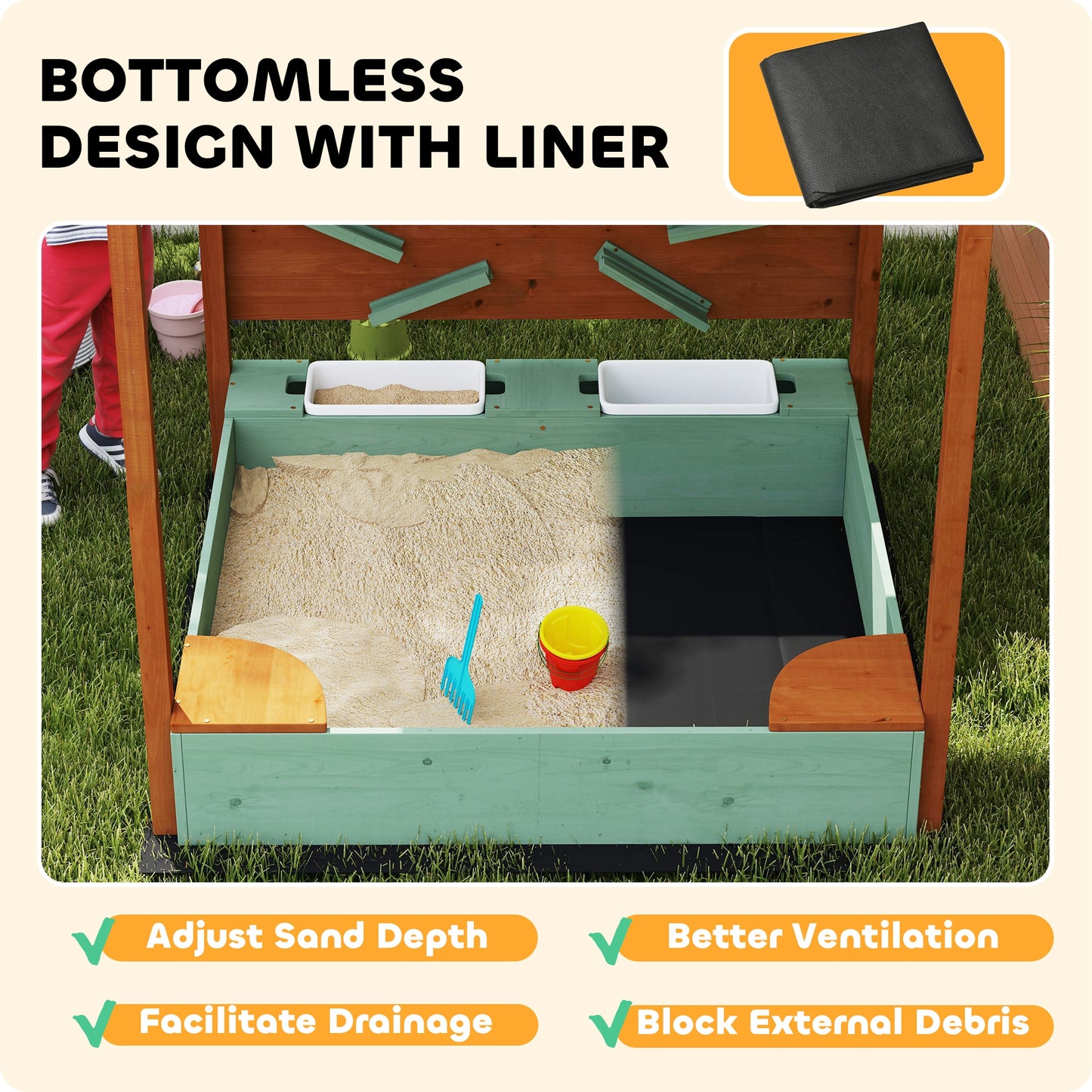 AIYAPLAY Wood Sandpit with Canopy, Storage Bins, Funnel, Liner, Chutes, Bucket with Tap, 116 x 112.5 x 128 cm, Green