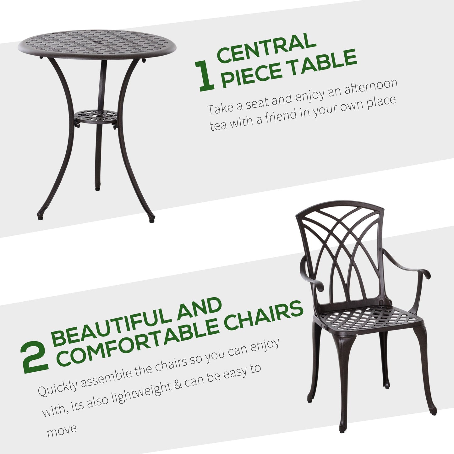 Outsunny 3 Pieces Garden Dining Set for 2, Cast Aluminium Outdoor Dining Set with 2 Armchairs and Round Dining Table with Parasol Hole, Garden Furniture Set, Brown