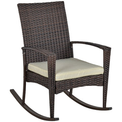 Outsunny Outdoor PE Rattan Rocking Chair, Garden Rocking Chair Set with Armrest and Cushion, Brown