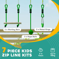 AIYAPLAY 7 Piece Kids Zip Line Kit for Garden, 10m Kids Slackline Kit with Wooden Monkey Bars, Metal Rings, Gripping Balls, Green