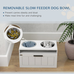 PawHut Raised Dog Bowl with Slow Feeder & 2 Stainless Steel Dog Bowl, 25L Storage Drawer, for Large & Extra Large Dogs, White