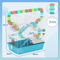 PawHut 4 Tier Hamster Cage w/ Tubes, Exercise Wheel, Hut, Water Bottle, Food Dish, Ramps, for Drawf, 58 x 36 x 65cm, Light Blue