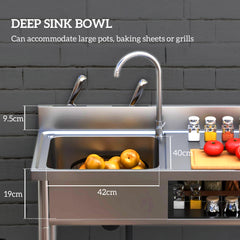 HOMCOM Outdoor Stainless Steel Kitchen Sink, Freestanding Sink Single Bowl with Cold and Hot Water Pipe and Storage Shelves