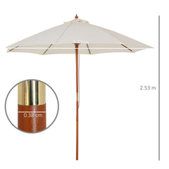 Outsunny 2.5m Garden Parasol Umbrella, Outdoor Market Table Umbrella with Wooden Pole & 8 Fibre Glass Ribs, Round Sun Shade Canopy, Off-White