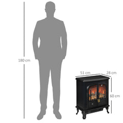 HOMCOM Electric Fireplace Stove Heater with LED Fire Flame Effect, Double Door, Freestanding & Portable with Overheat Protection, 1000W/2000W, Black