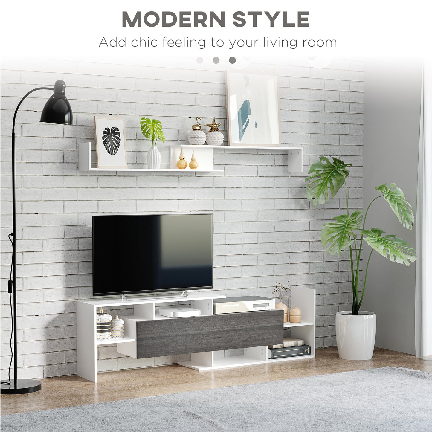 HOMCOM TV Cabinet with Wall Shelf for Wall-Mounted 65" TVs or Standing 40" TVs - White and Grey