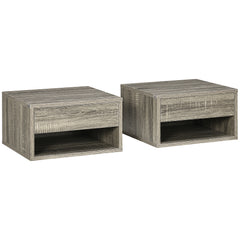 HOMCOM Set of Two Floating Bedside Tables Wall Mounted Nightstands with Drawer and Shelf for Bedroom, Brown Wood-Effect