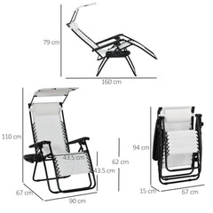 Outsunny 2 Piece Foldable Reclining Garden Chair with Headrest, Zero Gravity Deck Sun Lounger Seat Chair with Footrest, Armrest, Cup Holder & Canopy Shade, White