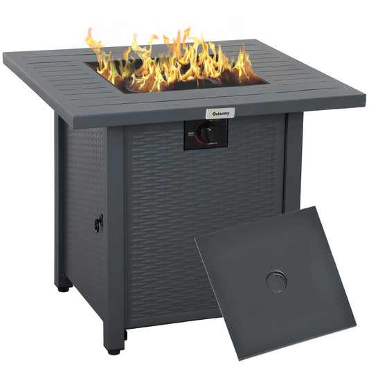 Outsunny Rattan-style Propane Gas Fire Pit Table with 40,000 BTU Burner, Square Smokeless Firepit Patio Heater with Thermocouple, Lava Rocks, Waterproof Cover, Spark Guard and Lid, Grey