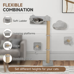 PawHut 4-Piece Cat Shelves w/ Scratching Post, Steps, Jumping Platform, Ladder, Toy Balls, for Indoor Cats, Light Grey