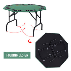 HOMCOM 8 Player Folding Games Poker Table with Chip Cup Holder Steel Base Felt Top Octagon Blackjack Green