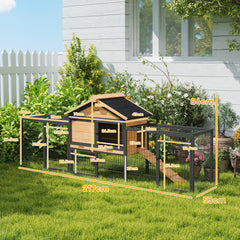 PawHut Wooden Rabbit Hutch Outdoor with Steel Run, Wooden Guinea Pig Cage with Removable Plastic Tray, Asphalt Roof, Ramp