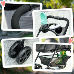 PawHut Dog Pram Dog Stroller Foldable Pet Pushchair with 4 Wheels, Safety Leashes, Cup Holder for Small Dogs, Black