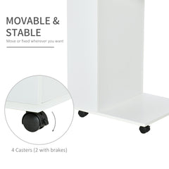 HOMCOM Mobile Sofa Side Table C-Shape End Table with Storage and Casters for Laptop Coffee Snack, White