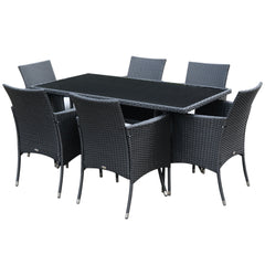 Outsunny 6 Seater Rattan Dining Set with Cushions, Rattan Garden Furniture Set with 6 Armchairs, Rectangular Glass Top Table, Outdoor Dining Table and Chairs, Black