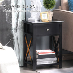 HOMCOM End Table, Sofa Side Table with Drawer X Bar Bottom Storage Shelf, Nightstand Bedside Table for Bedroom or Living Room Black