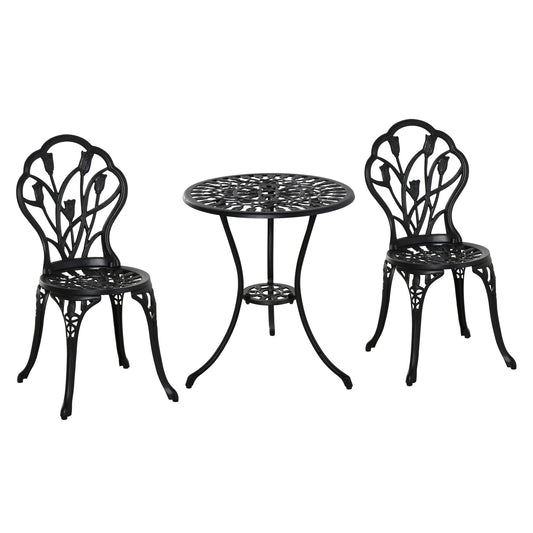 Outsunny Three-Piece Aluminium Floral Bistro Garden Set - Black