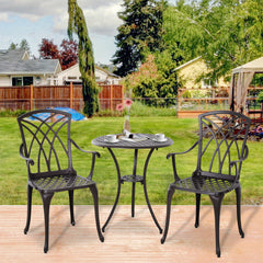 Outsunny 3 Pieces Garden Dining Set for 2, Cast Aluminium Outdoor Dining Set with 2 Armchairs and Round Dining Table with Parasol Hole, Garden Furniture Set, Brown