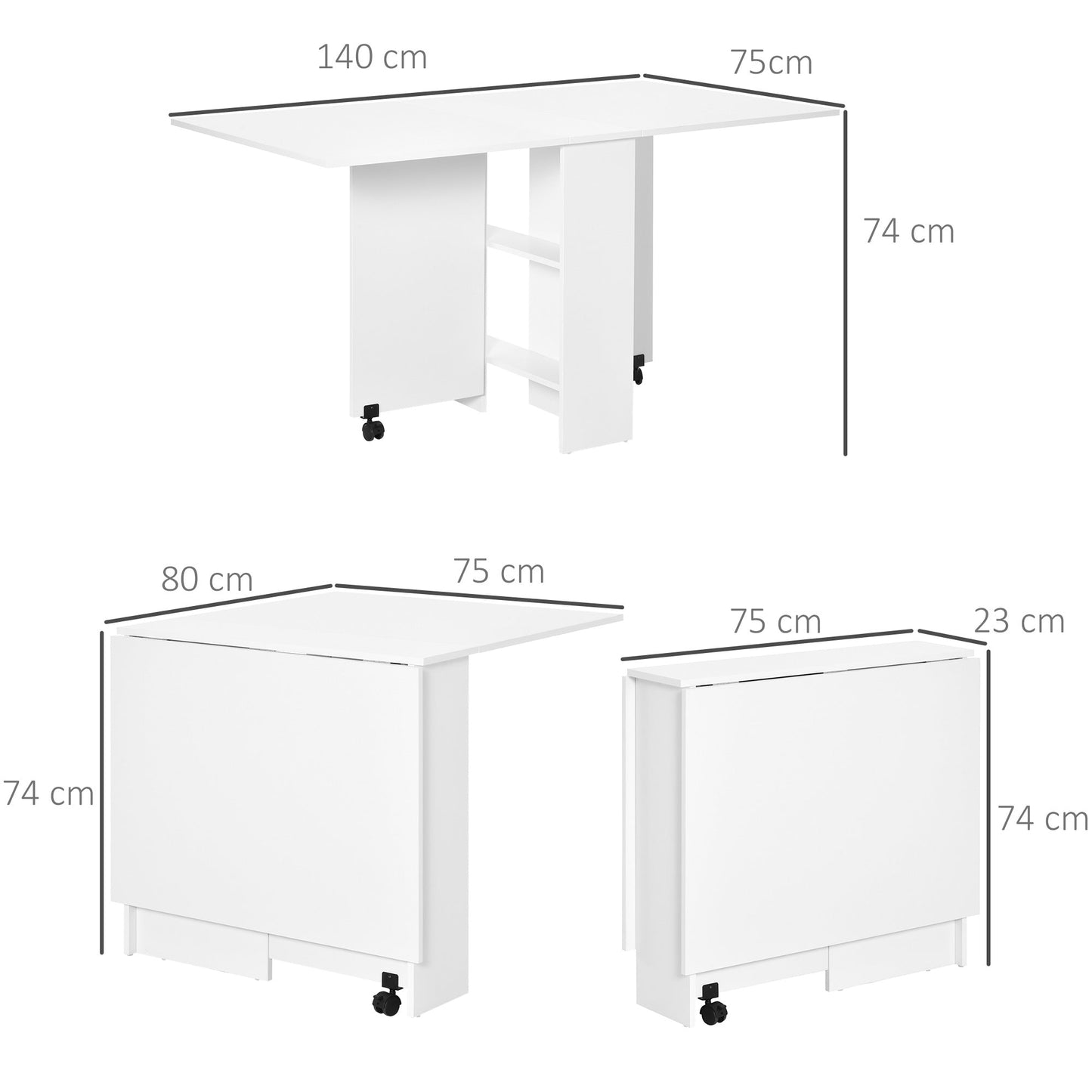 HOMCOM Folding Dining Table, Drop Leaf Table with 2-Tier Shelves, Rolling Casters, for Small Spaces, Kitchen, White