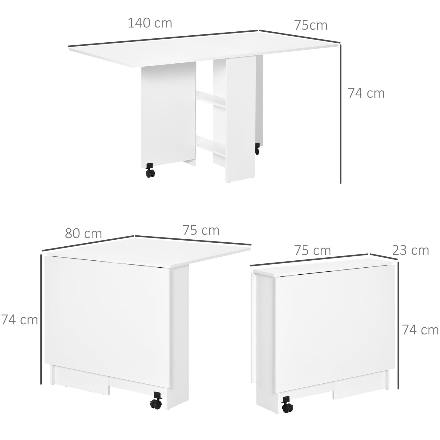HOMCOM Folding Dining Table, Drop Leaf Table with 2-Tier Shelves, Rolling Casters, for Small Spaces, Kitchen, White