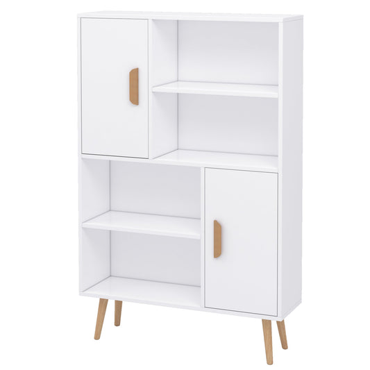 HOMCOM Sideboard Bookshelf Free Standing Bookcase Shelves Unit Display Storage Cabinet w/ Adjustable Shelves, Wooden Leg, Two Doors, White