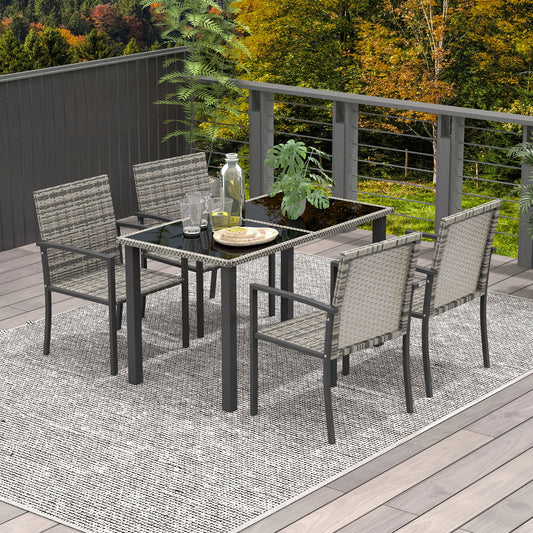 Outsunny Outdoor Dining Set 5 Pieces Patio Conservatory with Tempered Glass Tabletop,4 Dining Chairs - Mixed Grey