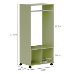 HOMCOM Open Wardrobe for Bedroom, Small Wardrobe on Wheels with Clothes Rail, Storage Shelves, Mobile Garment Rack for Clothes Storage, Cloakroom, Hallway, Green