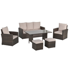 Outsunny Six-Piece Rattan Sofa Set, with Glass-Top Table - Mixed Brown