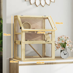 PawHut Wooden Hamster Cage with Detachable 32cm Deep Bottom, Hut, Seesaw, Exercise Wheel, Ramps, 60 x 40 x 75cm