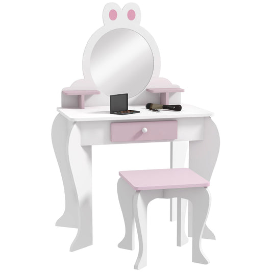 ZONEKIZ Bunny-Design Kids Dressing Table, with Mirror and Stool - White and Pink