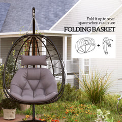 Outsunny Hanging Egg Chair Outdoor Indoor Garden Swing Chair with Folding Basket, Thickened Cushion, Garden Hanging Chair with Stand, Headrest for Patio, Balcony, Grey