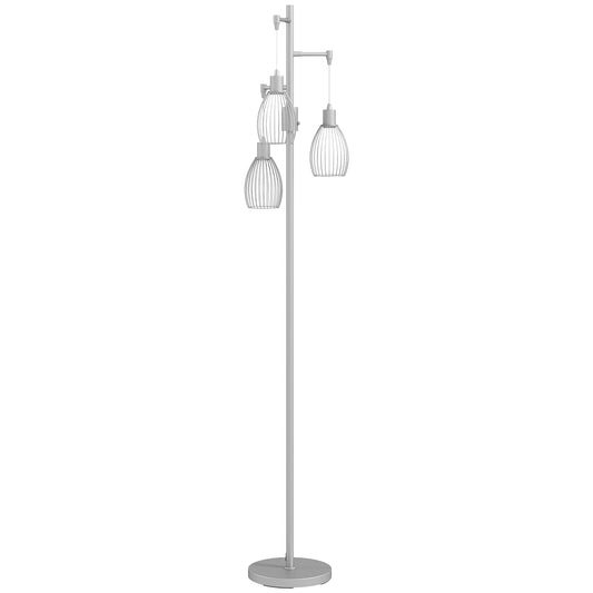 HOMCOM 3-Light Floor Lamp, 170cm Industrial Dimmable Standing Lamp with Steel Wire Cage Lampshades for Living Room, Bedroom, Dining Room, Study, Silver Tone