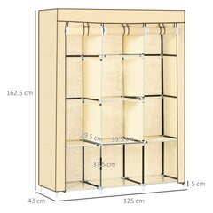 HOMCOM Fabric Wardrobe, Portable Wardrobe, Clothes Storage Unit with 8 Shelves, 2 Hanging Rods, 125 x 43 x 162.5 cm, Beige