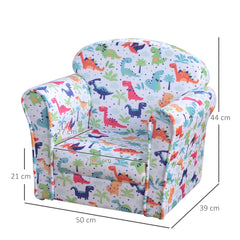 HOMCOM Children Armchair Kids Sofa Tub Chair Seat Cartoon Dinosaur Pattern Bedroom Flannel Wooden Frame Non-slip Playroom Seater