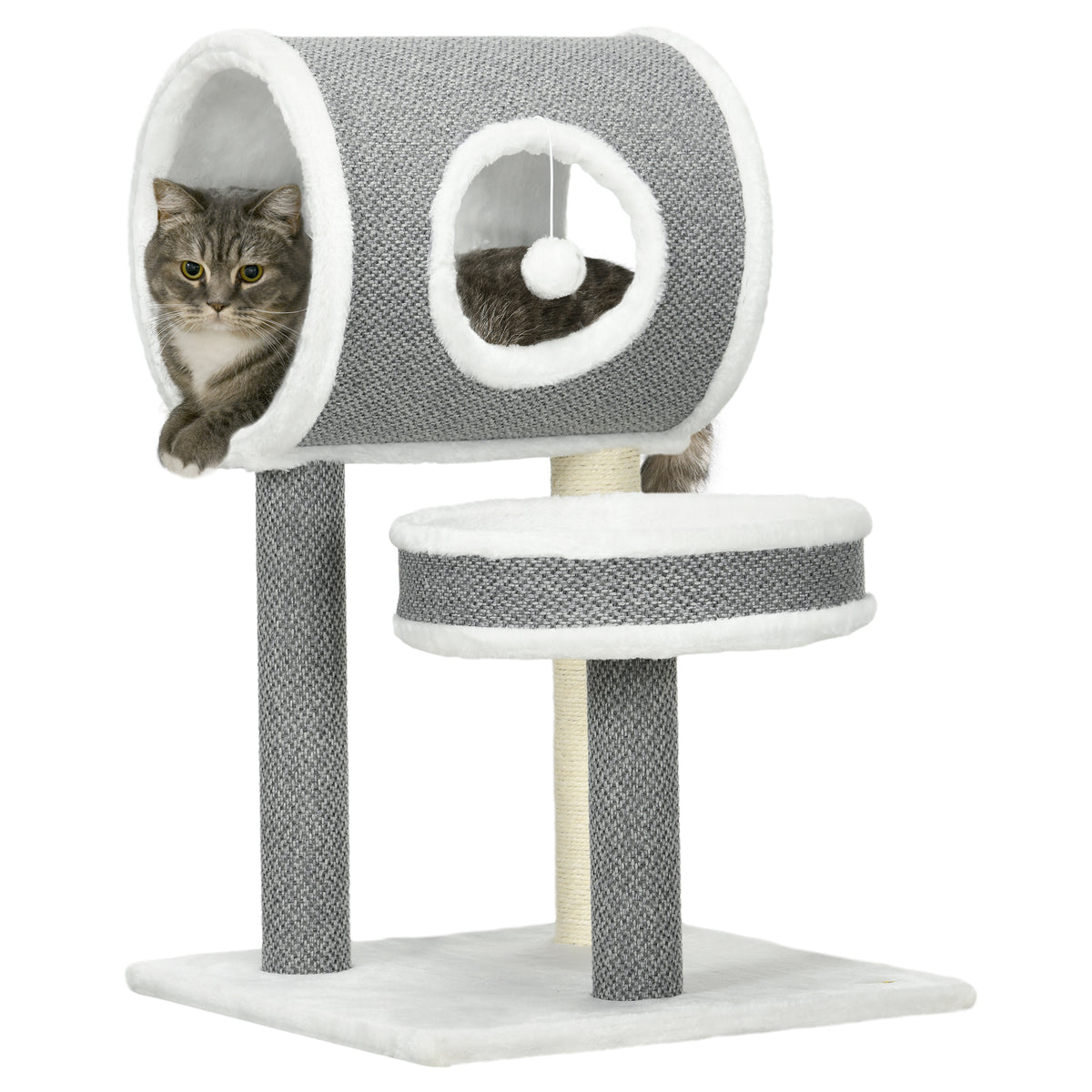 PawHut Cat Tree for Indoor Cats, with Scratching Post, Bed, Tunnel, Toy Ball, 48 x 48 x 73cm - White