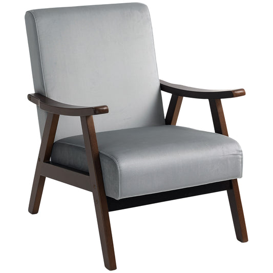 HOMCOM Nordic Accent Chair, Upholstered Velvet Armchair with Solid Wood Frame and Soft Thick Padded for Living Room, Bedroom, Grey