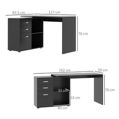 HOMCOM L Shaped Computer Desk, Reversible Home Office Desk with Drawers, File Cabinet and Storage Shelves, Study Table, 117 x 83.5 x 76cm, Black