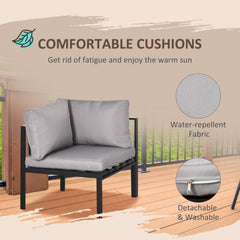 Outsunny 4 Piece Metal Garden Furniture Set with Tempered Glass Coffee Table, Breathable Mesh Pocket, Outdoor Conversational Corner Sofa Loveseat with Padded Cushions, Light Grey