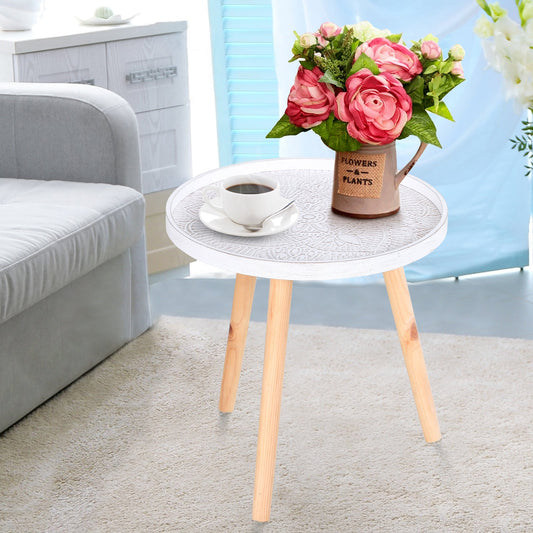 HOMCOM Coffee Table, Carved Floral Round Table with Tray-style Top and Wood Legs, Modern Side Table for Living Room, White