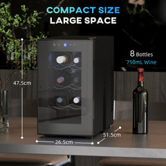 HOMCOM Mini Wine Fridge, 8 Bottle, 21L, 26.5cm, Freestanding and Under Counter, Quiet Wine Cooler Fridge with Glass Door, LED Light, Digital Touch Screen, Temperature Control