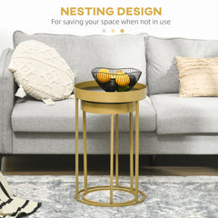 HOMCOM Nest of Tables, Round Coffee Table Set of 2, Nesting Tables with Embedded Tabletop and Metal Frame, Gold Side Table for Living Room, Bedroom