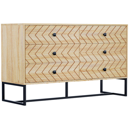 HOMCOM Bedroom Chest of Drawers, 6 Drawer Dresser, Sideboard Cabinet with Zigzag Design and Metal Base, Storage Drawer Unit, 120x71cm, Natural