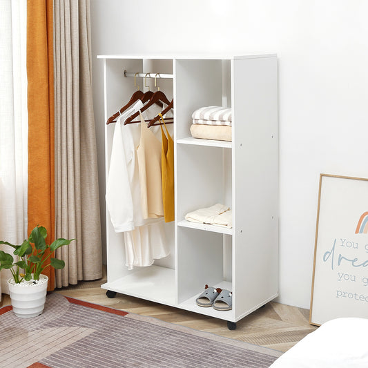 HOMCOM Open Wardrobe on Wheels, Bedroom Wardrobe with Clothes Hanging Rail, 3 Storage Shelves, Mobile Garment Rack for Cloakroom, Hallway, White