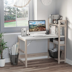 HOMCOM Computer Desk with 3 Tier Storage Shelves on Left or Right, 120cm Writing Table for Home Office, Study, Bedroom, White and Oak