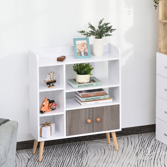 HOMCOM Bookcase, Freestanding Book Shelf with Storage Cabinet, 6 Shelves and Wood Legs for Home Office Display, White and Grey, 24D x 71.8W x 90.8H cm